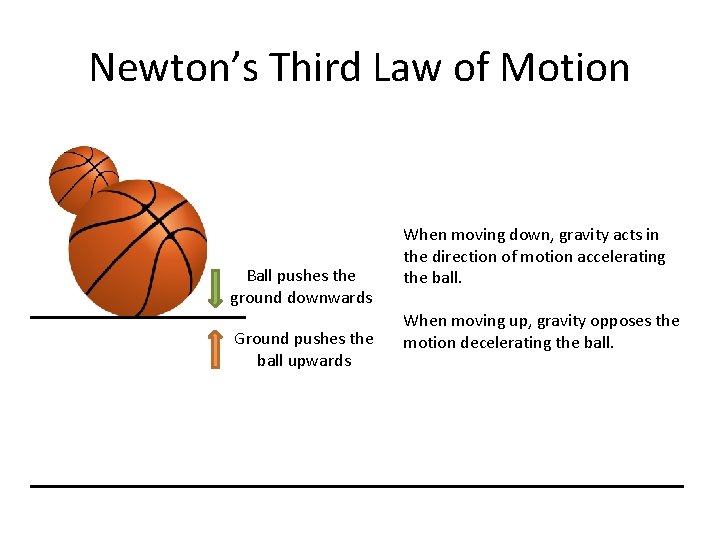 Newton’s Third Law of Motion Ball pushes the ground downwards Ground pushes the ball