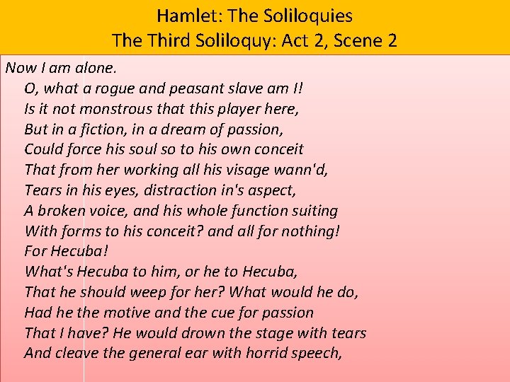 Hamlet: The Soliloquies The Third Soliloquy: Act 2, Scene 2 Now I am alone.