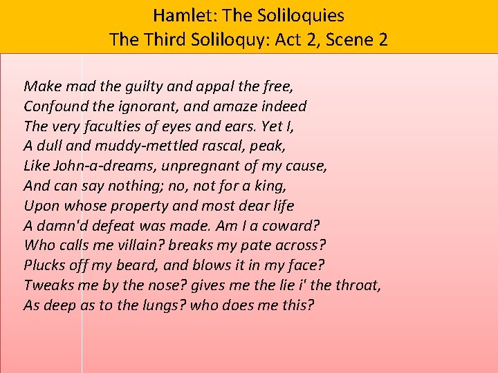 Hamlet: The Soliloquies The Third Soliloquy: Act 2, Scene 2 Make mad the guilty