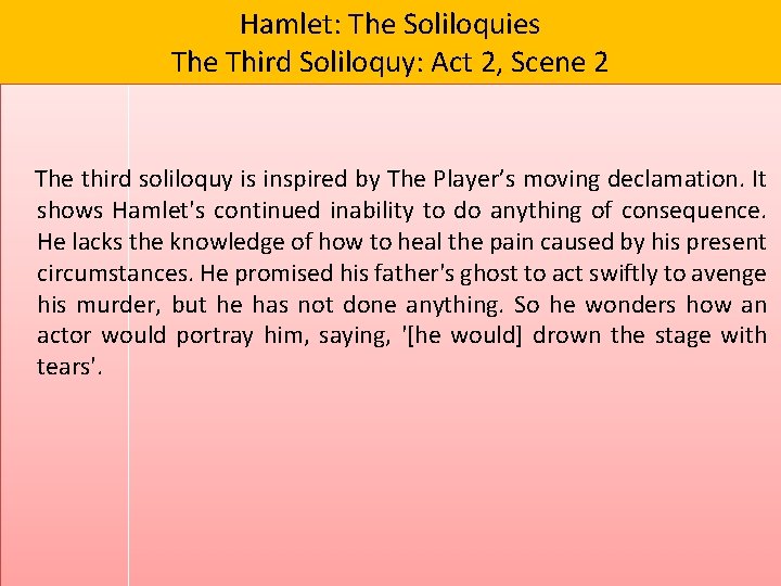 Hamlet: The Soliloquies The Third Soliloquy: Act 2, Scene 2 The third soliloquy is Hamlet: The Soliloquies The Third Soliloquy: Act 2, Scene 2 The third soliloquy is