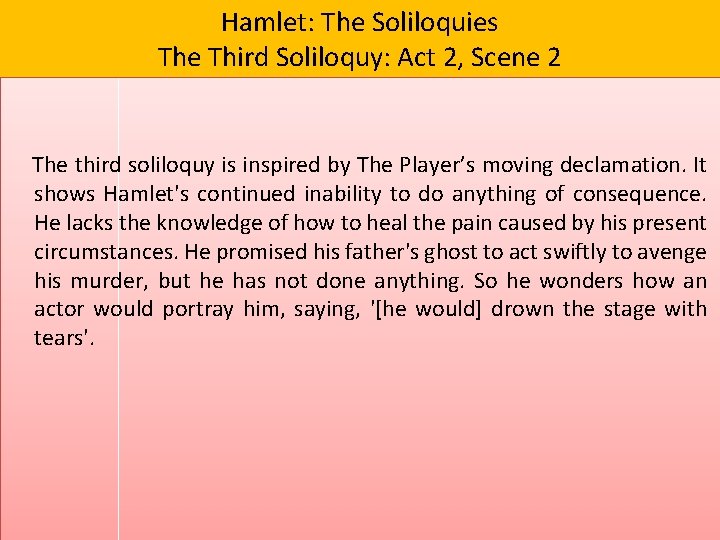 Hamlet: The Soliloquies The Third Soliloquy: Act 2, Scene 2 The third soliloquy is