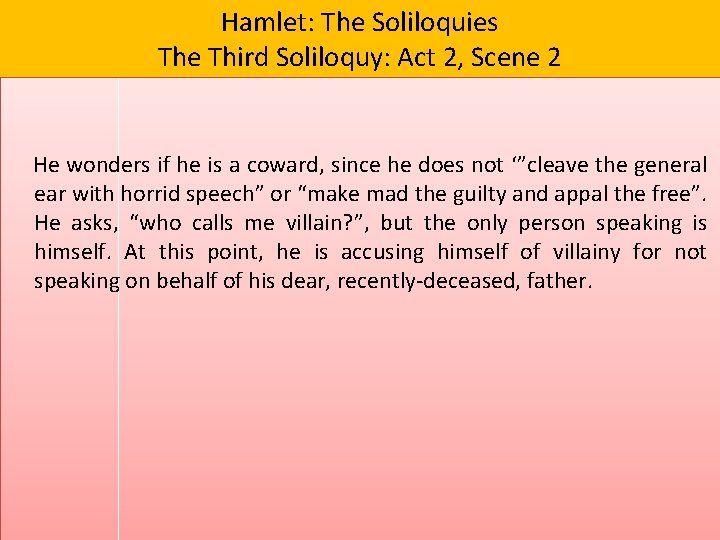 Hamlet: The Soliloquies The Third Soliloquy: Act 2, Scene 2 He wonders if he