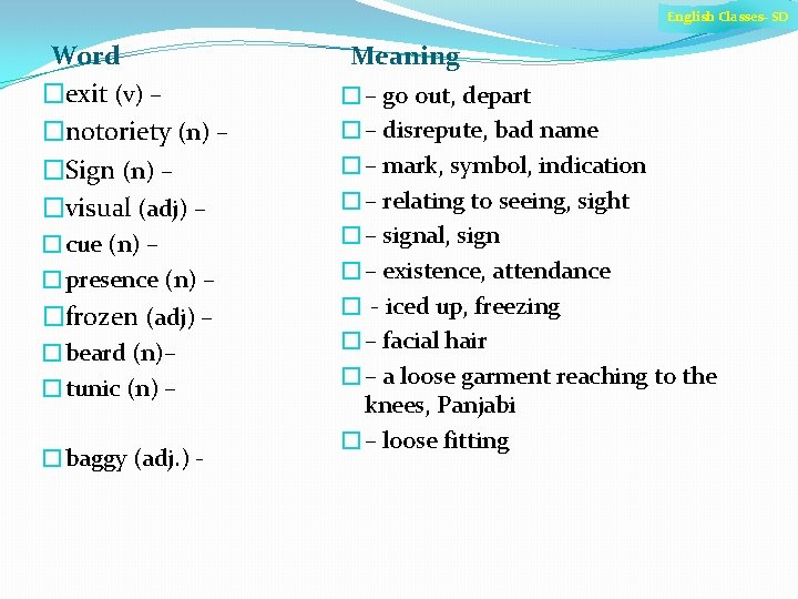 English Classes- SD Word �exit (v) – �notoriety (n) – �Sign (n) – �visual