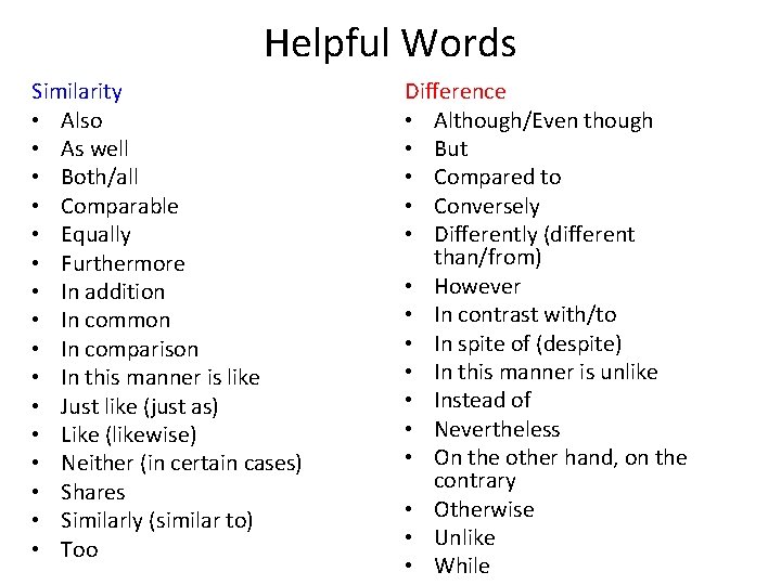 Helpful Words Similarity • Also • As well • Both/all • Comparable • Equally