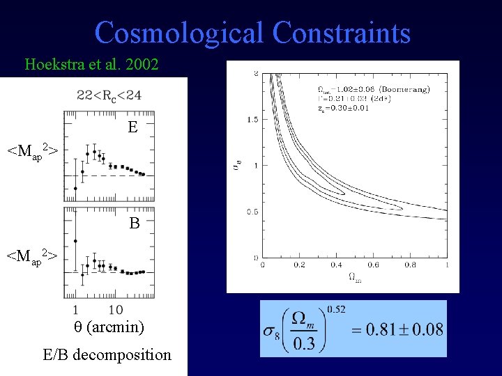 Cosmological Constraints Hoekstra et al. 2002 E <Map 2> B <Map 2> (arcmin) E/B