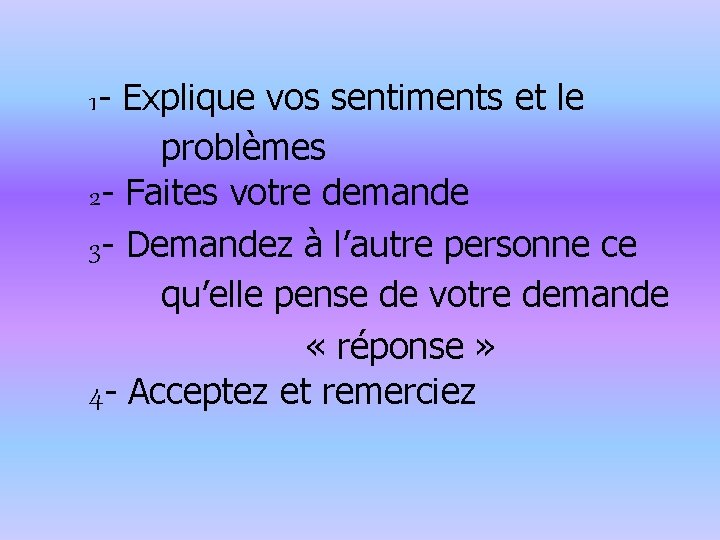 1 - Explique vos sentiments et le problèmes 2 - Faites votre demande 3