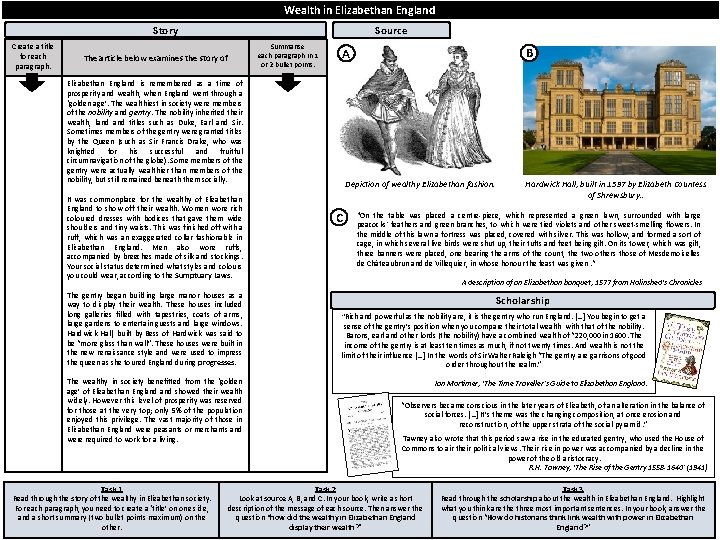Wealth in Elizabethan England Story Create a title for each paragraph. Source Summarise each
