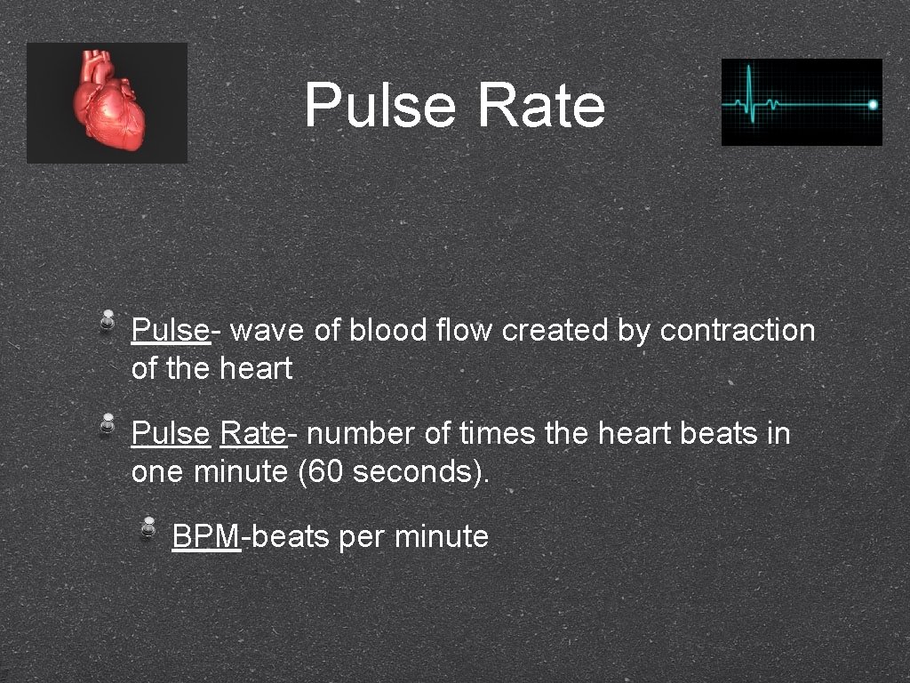 Pulse Rate Pulse- wave of blood flow created by contraction of the heart Pulse