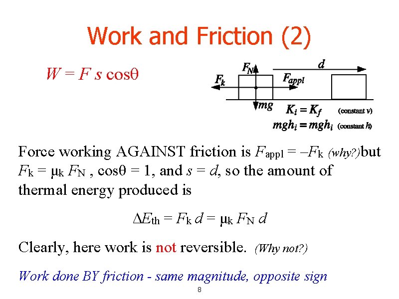 Work and Friction (2) W = F s cosθ Force working AGAINST friction is