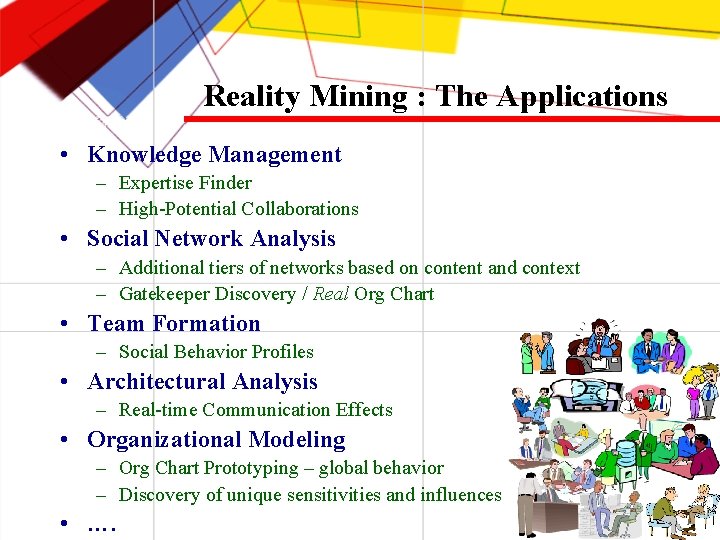 Reality Mining : The Applications • Knowledge Management – Expertise Finder – High-Potential Collaborations
