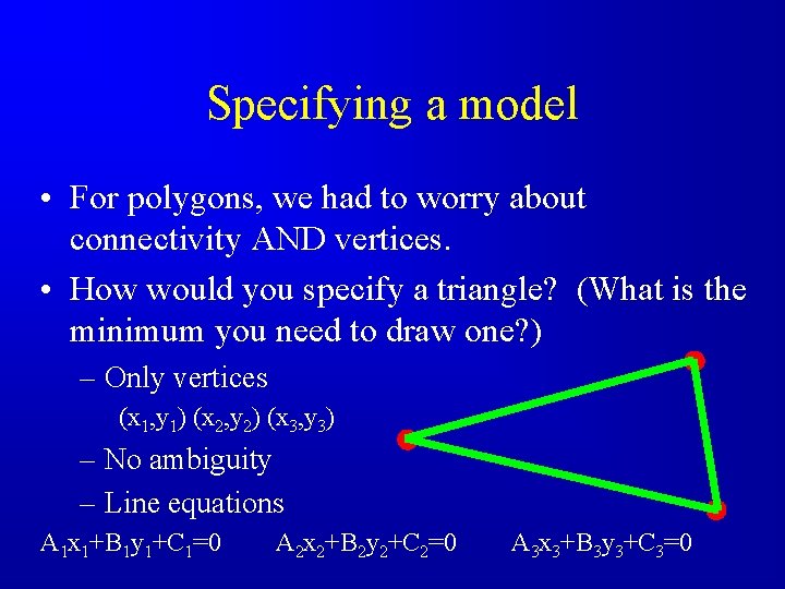 Specifying a model • For polygons, we had to worry about connectivity AND vertices. Specifying a model • For polygons, we had to worry about connectivity AND vertices.