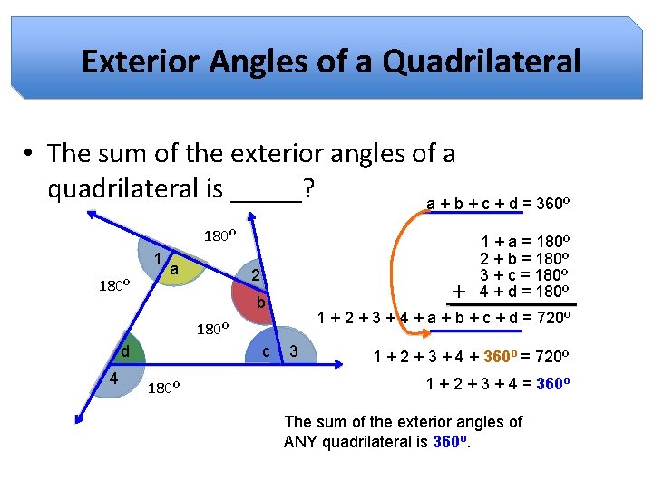Exterior Angles of a Quadrilateral • The sum of the exterior angles of a