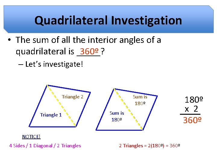 Quadrilateral Investigation • The sum of all the interior angles of a 360º quadrilateral