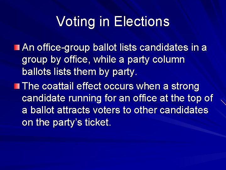 Voting in Elections An office-group ballot lists candidates in a group by office, while