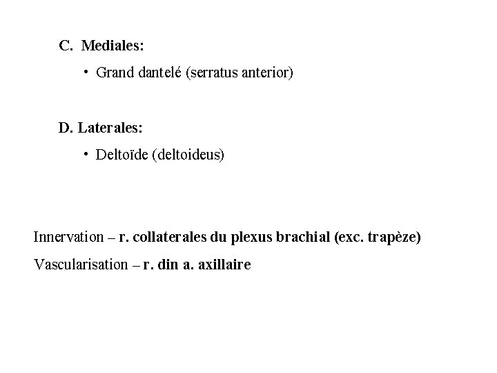 C. Mediales: • Grand dantelé (serratus anterior) D. Laterales: • Deltoïde (deltoideus) Innervation – C. Mediales: • Grand dantelé (serratus anterior) D. Laterales: • Deltoïde (deltoideus) Innervation –