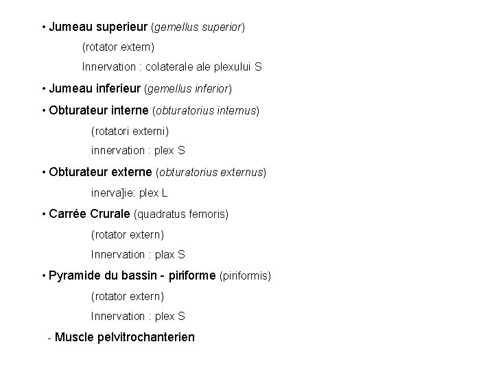 • Jumeau superieur (gemellus superior) (rotator extern) Innervation : colaterale plexului S • • Jumeau superieur (gemellus superior) (rotator extern) Innervation : colaterale plexului S •