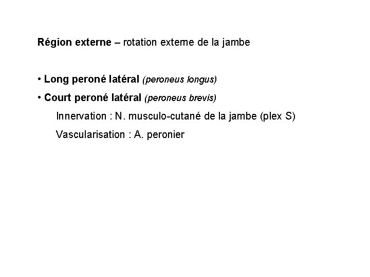 Région externe – rotation externe de la jambe • Long peroné latéral (peroneus longus) Région externe – rotation externe de la jambe • Long peroné latéral (peroneus longus)