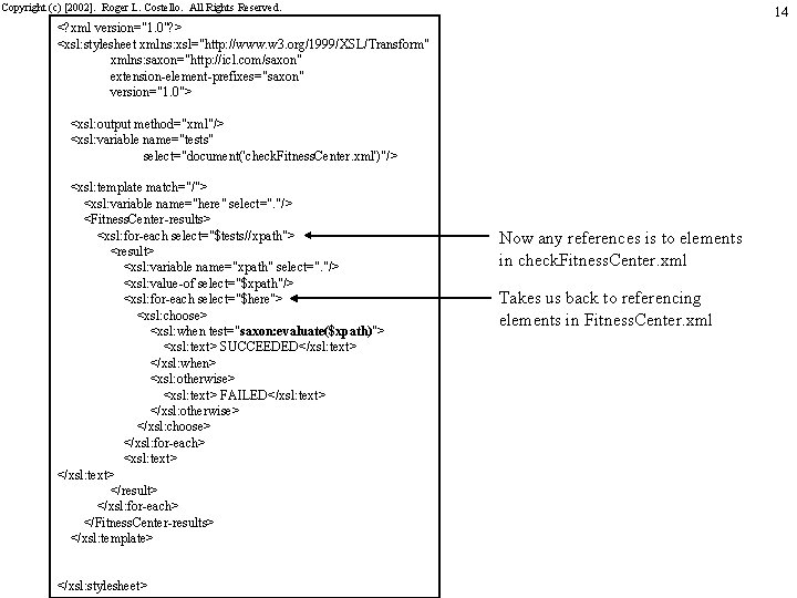 Copyright (c) [2002]. Roger L. Costello. All Rights Reserved. 14 <? xml version="1. 0"?