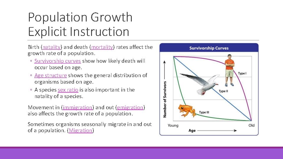 Population Growth Explicit Instruction Birth (natality) and death (mortality) rates affect the growth rate