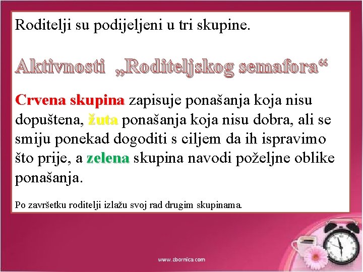 Roditelji su podijeljeni u tri skupine. Aktivnosti „Roditeljskog semafora“ Crvena skupina zapisuje ponašanja koja