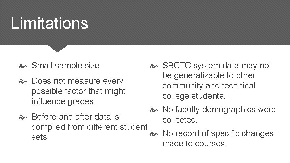 Limitations Small sample size. Does not measure every possible factor that might influence grades. Limitations Small sample size. Does not measure every possible factor that might influence grades.