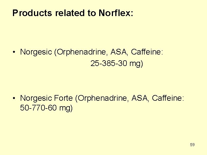 Products related to Norflex: • Norgesic (Orphenadrine, ASA, Caffeine: 25 -385 -30 mg) •