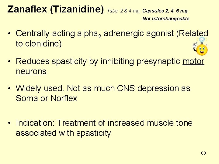 Zanaflex (Tizanidine) Tabs: 2 & 4 mg, Capsules 2, 4, 6 mg. Not interchangeable