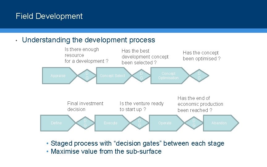 Field Development • Understanding the development process Is there enough resource for a development