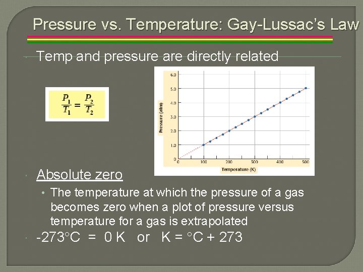 Pressure vs. Temperature: Gay-Lussac’s Law Temp and pressure are directly related Absolute zero •
