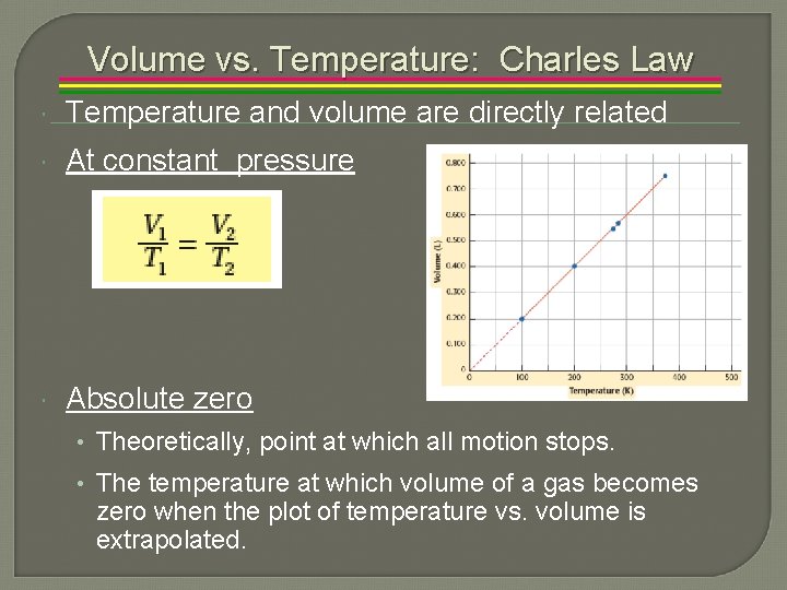 Volume vs. Temperature: Charles Law Temperature and volume are directly related At constant pressure