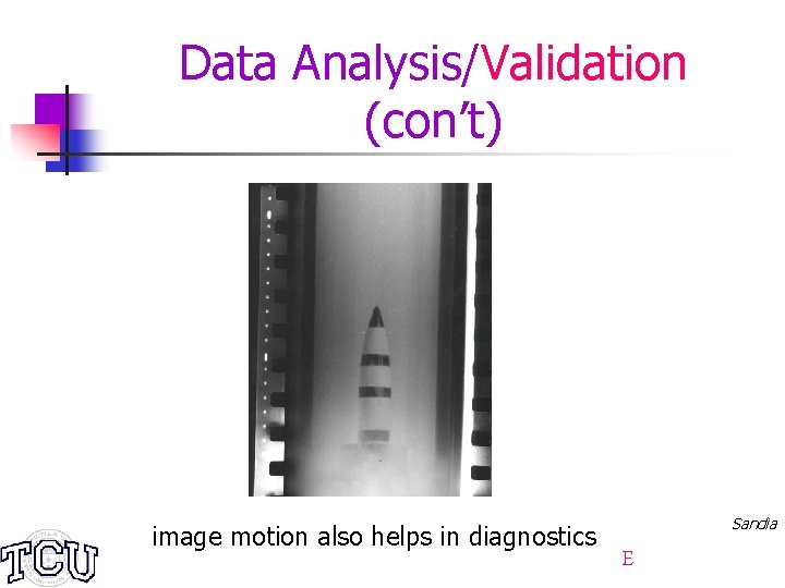 Data Analysis/Validation (con’t) image motion also helps in diagnostics Sandia E 