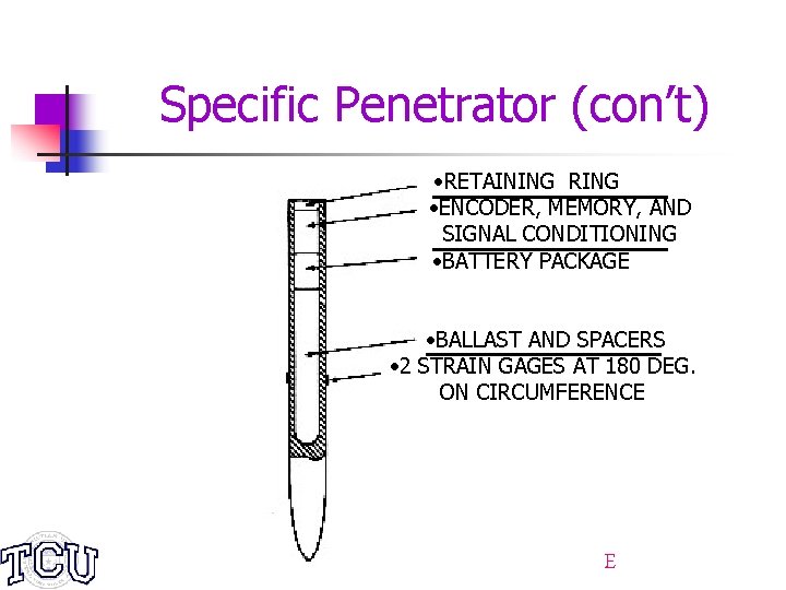 Specific Penetrator (con’t) • RETAINING RING • ENCODER, MEMORY, AND SIGNAL CONDITIONING • BATTERY
