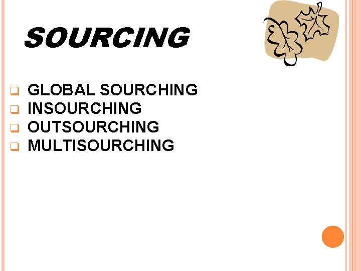 SOURCING q q GLOBAL SOURCHING INSOURCHING OUTSOURCHING MULTISOURCHING 