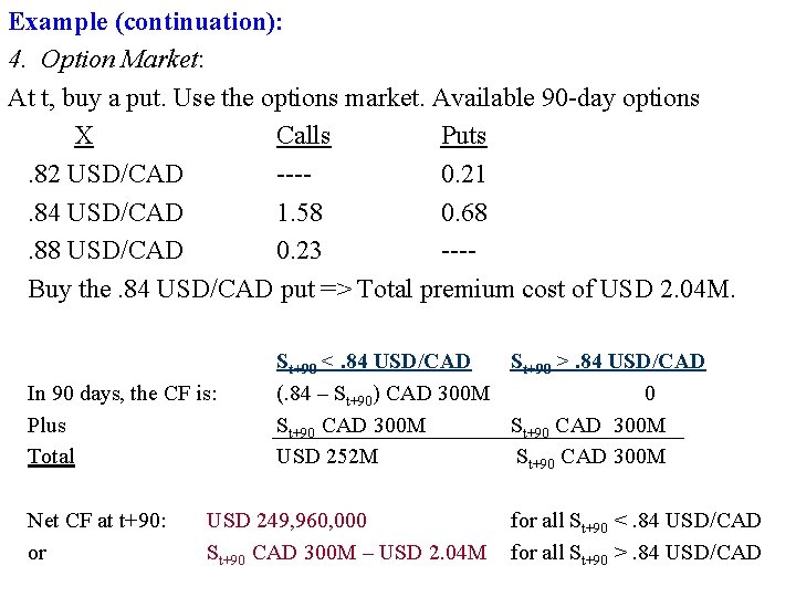 Example (continuation): 4. Option Market: At t, buy a put. Use the options market.