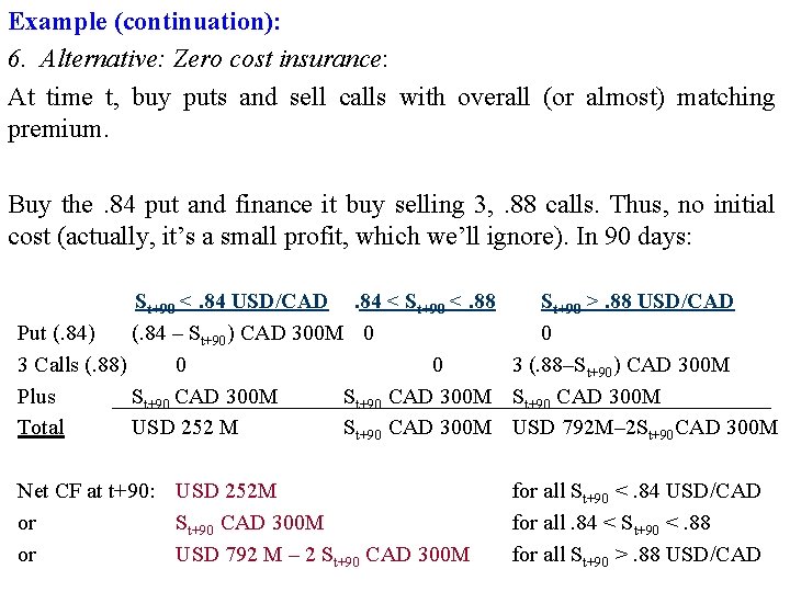 Example (continuation): 6. Alternative: Zero cost insurance: At time t, buy puts and sell
