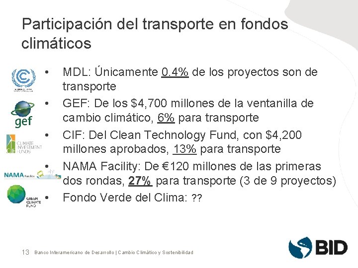 Participación del transporte en fondos climáticos • • • 13 MDL: Únicamente 0. 4%