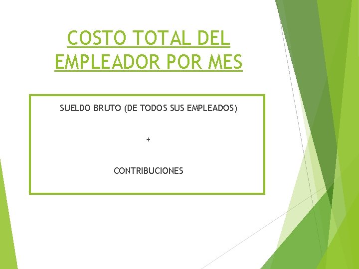 COSTO TOTAL DEL EMPLEADOR POR MES SUELDO BRUTO (DE TODOS SUS EMPLEADOS) + CONTRIBUCIONES