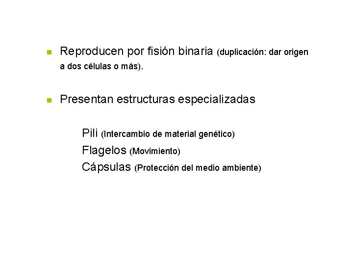 n n Reproducen por fisión binaria (duplicación: dar origen a dos células o más).