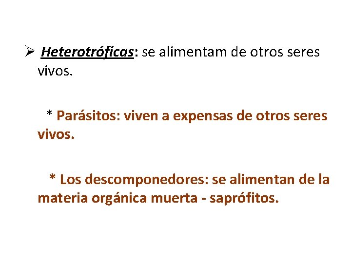 Ø Heterotróficas: se alimentam de otros seres vivos. * Parásitos: viven a expensas de