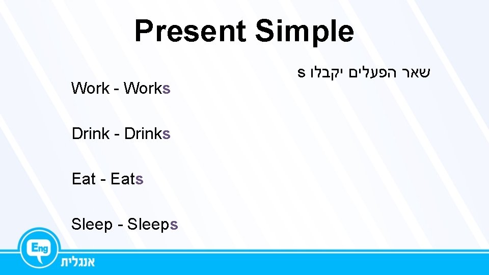 Present Simple Work - Works Drink - Drinks Eat - Eats Sleep - Sleeps