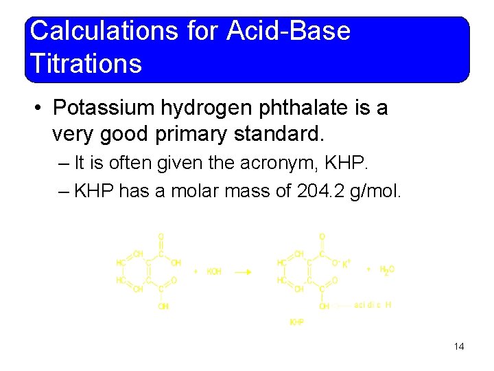 Calculations for Acid-Base Titrations • Potassium hydrogen phthalate is a very good primary standard.