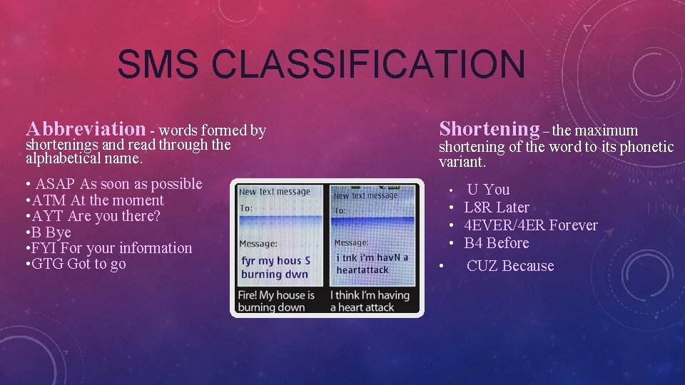 SMS CLASSIFICATION Abbreviation - words formed by Shortening – the maximum • ASAP As