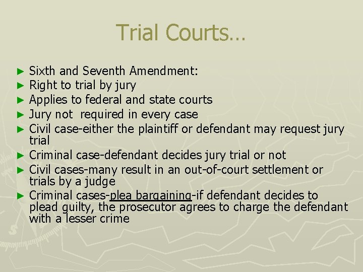 Trial Courts… Sixth and Seventh Amendment: Right to trial by jury Applies to federal