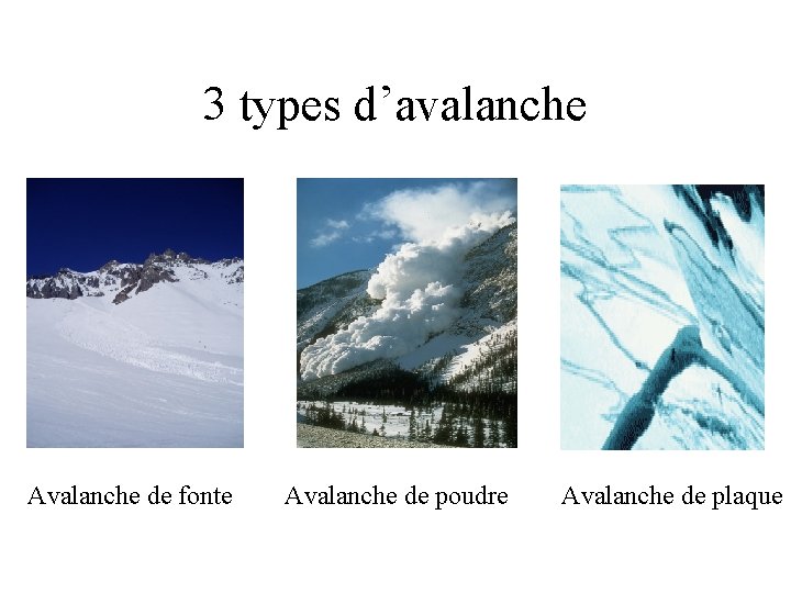 3 types d’avalanche Avalanche de fonte Avalanche de poudre Avalanche de plaque 