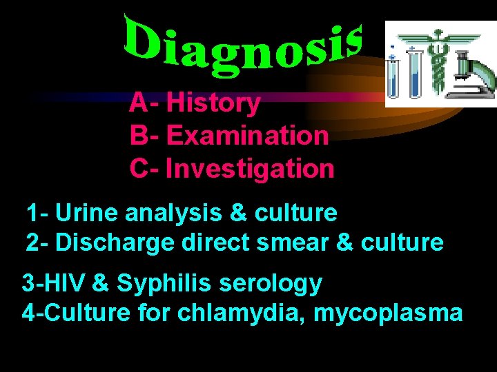 A- History B- Examination C- Investigation 1 - Urine analysis & culture 2 -