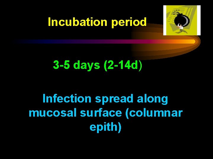 Incubation period 3 -5 days (2 -14 d) Infection spread along mucosal surface (columnar