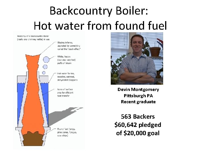 Backcountry Boiler: Hot water from found fuel Devin Montgomery Pittsburgh PA Recent graduate 563