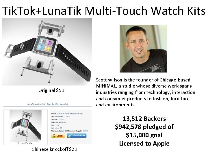 Tik. Tok+Luna. Tik Multi-Touch Watch Kits Original $50 Chinese knockoff $20 Scott Wilson is