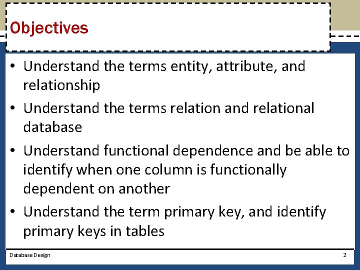 Database Objectives Microsoft Access 2010 Chapter 11 Database Design Objectives