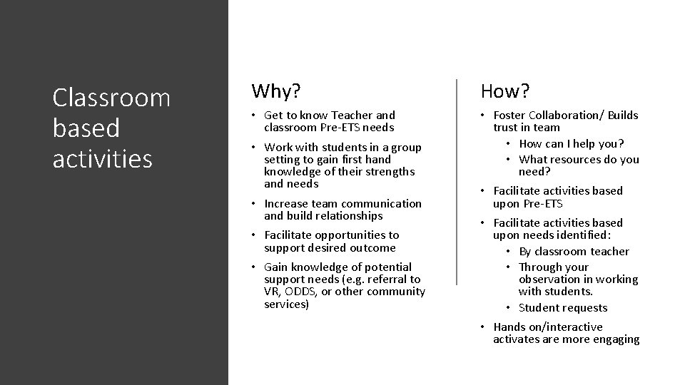 Classroom based activities Why? How? • Get to know Teacher and classroom Pre-ETS needs